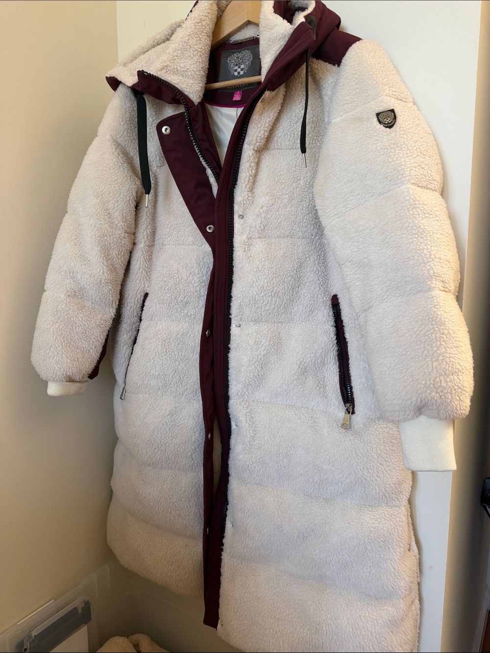 Vince Camuto Cream Sherpa Coat with Burgundy Lining and Trim